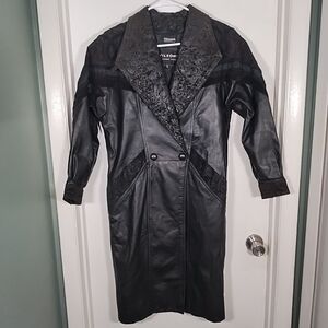 Vtg 80s Wilsons Black Leather Women PXS Long Coat Jacket Zip Out Thinsulate Goth